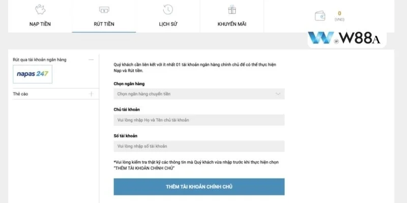 Cách rút tiền W88 trên giao diện máy tính.